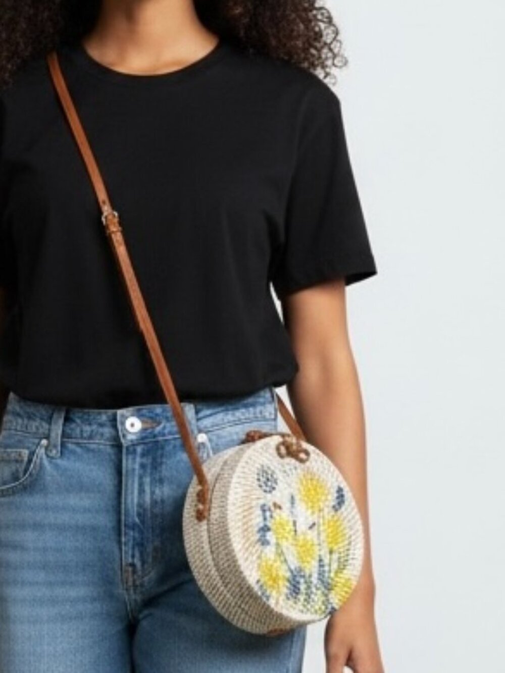 NEW Jelavu Crossbody Bag Rattan Hand painted flowers Circle Canteen Style NWT